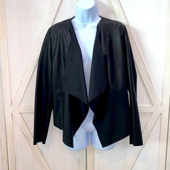 Halogen Black Faux Leather Open Front Waterfall Jacket Size Small - Picture 3 of 13